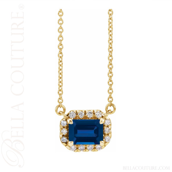 (NEW) BELLA COUTURE® BAYLIE 14K Yellow Gold Solitaire Baguette Blue Sapphire Link Chain Necklace (18")