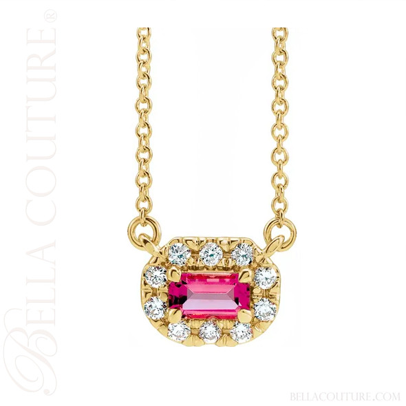 (NEW) BELLA COUTURE® BAYLIE Petite 14K Yellow Gold Solitaire Baguette 5 MM x 3 MM Pink Tourmaline Link Chain Necklace (18")