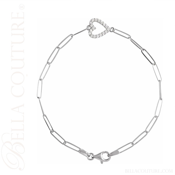 (NEW) BELLA COUTURE® BARBIE COUTURE Heart 14K White Gold Diamond Link Chain Bracelet (7" inch)