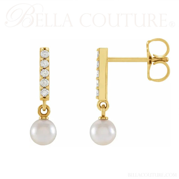 (NEW) BELLA COUTURE® ALISAA AKOYA PEARL DIAMOND 14K YELLOW GOLD DANGLE DROP LEVERBACK EARRINGS