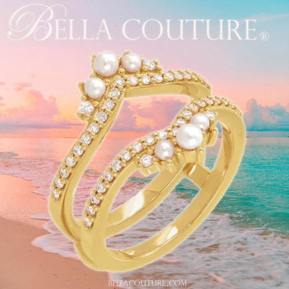 (NEW) BELLA COUTURE® MINKA Cultured White Seed Pearl 14K Yellow Gold Open Ring Guard Accent Band