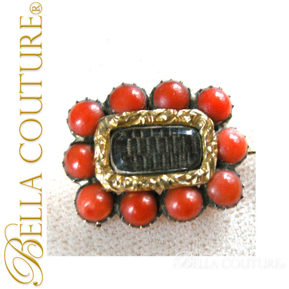 SOLD! - (ANTIQUE) Georgian Coral Mourning Hair Brooch 14K Yellow & Rose Gold Jewels Jewelry