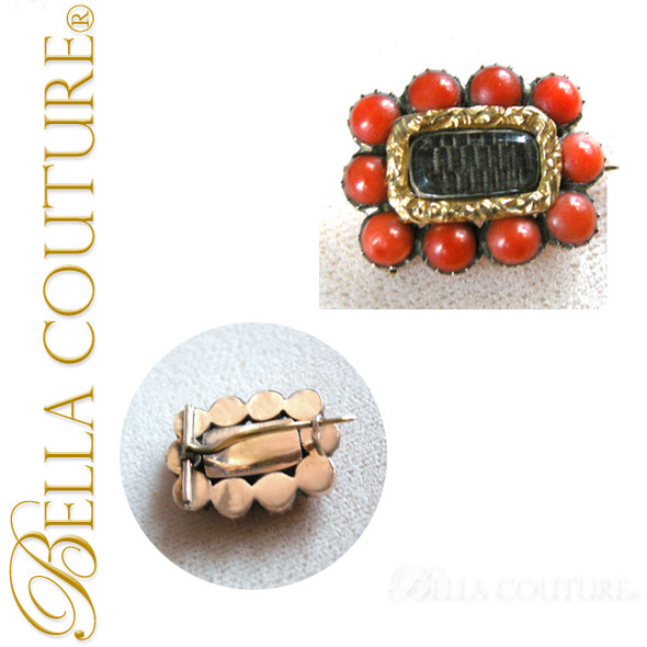 SOLD! - (ANTIQUE) Georgian Coral Mourning Hair Brooch 14K Yellow & Rose Gold Jewels Jewelry