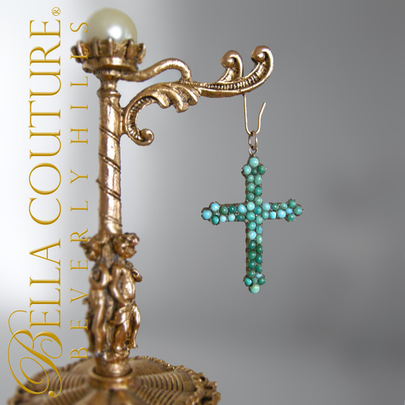 SOLD! - (ANTIQUE) Rare Gorgeous Georgian Victorian Floral Pave Persian Turquoise Sterling Silver Charm Cross Pendant c.1700s - 1840