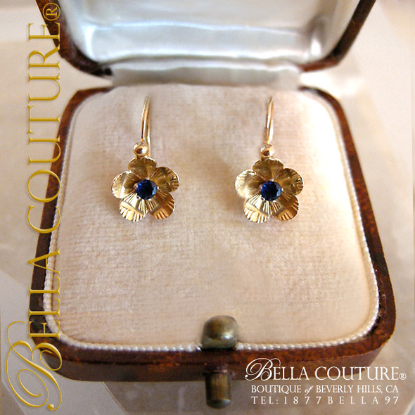 SOLD! - (ANTIQUE) Victorian Blue Sapphire 18K Yellow Gold Floral Flower Petal Earrings