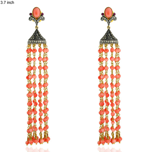 SOLD OUT! - (NEW) BELLA COUTURE LIMITED EDITION HAUTE COUTURE 1.34 CT DIAMOND CORAL DANGLE DROP TASSEL EARRINGS in 14K Gold