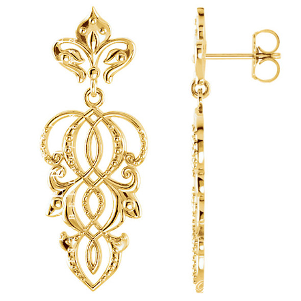 (NEW) BELLA COUTURE FINE FLEUR-DE-LIS FILIGREE DANGLE DROP EARRINGS in 14K Yellow Gold