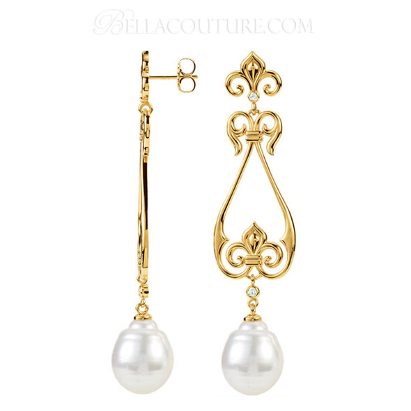 SOLD OUT! - (NEW) BELLA COUTURE FINE HAUTE COUTURE FLEUR-DE-LIS WHITE 11MM SOUTH SEA CULTURED PEARL DIAMOND DANGLE DROP 14K YELLOW GOLD EARRINGS