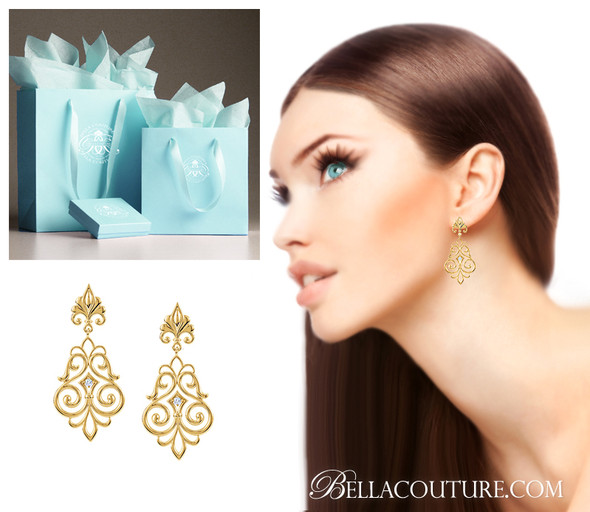 (NEW) BELLA COUTURE FINE HAUTE COUTURE FLEUR-DE-LIS DIAMOND CHANDELIER FILIGREE DANGLE DROP 14K YELLOW GOLD EARRINGS