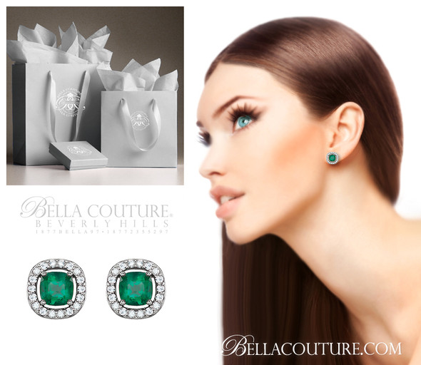 (NEW) BELLA COUTURE 14k White Gold Antique Square Faceted Chatham Emerald 1/10 CT Diamond Earrings