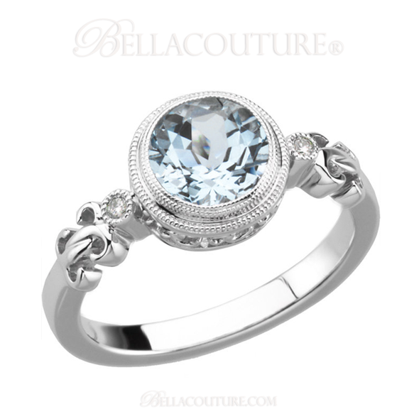 (NEW) BELLA COUTURE Fine Genuine Aquamarine & Diamond 14k White Gold Filigree Ring