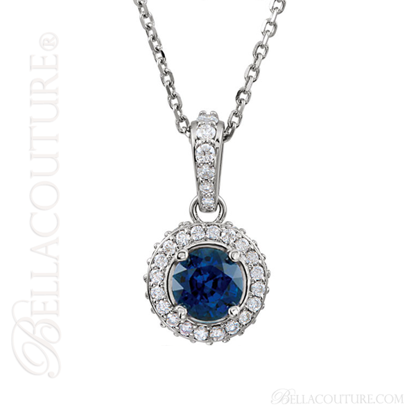 (NEW) Bella Couture Fine Sapphire & 1/4 CT Diamond 14k White Gold Pendant Necklace (18" Inches in Length)