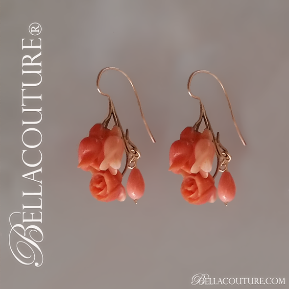 SOLD! - (ANTIQUE) Rare Georgian Victorian Antique 14K Carved Natural Red Coral Floral Flower Blossom Dangle Drop Day and Night Pendant Pierced Earrings