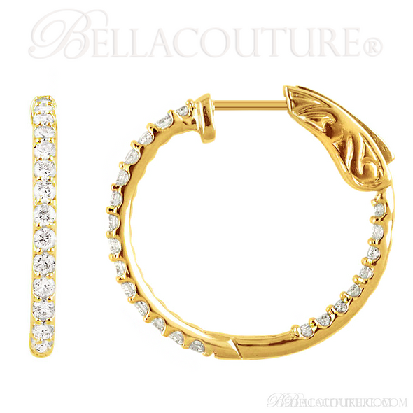 (NEW) BELLA COUTURE FLORA Collection Gorgeous Fine Brilliant 3/4CT Pave' Diamond Inside/Out 14K Yellow Gold Hoop Lever Back Earrings