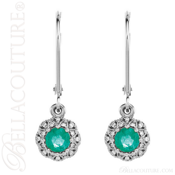 (NEW) Bella Couture Gorgeous Etruscan Diamond Genuine Emerald 14k White Gold Lever Back Earrings