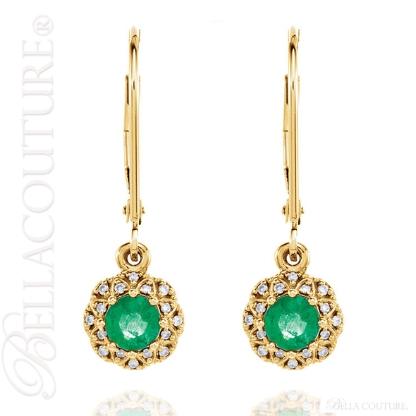 (NEW) BELLA COUTURE SORA HALO Fine Elegant Emerald Diamond 14k Yellow Gold Dangle Drop Lever Back Earrings