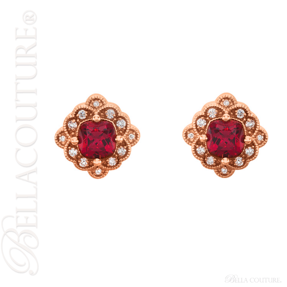 (NEW) BELLA COUTURE CHERISH Fine Elegant Antique Cut Ruby Diamond 14k Rose Gold Post Back Earrings