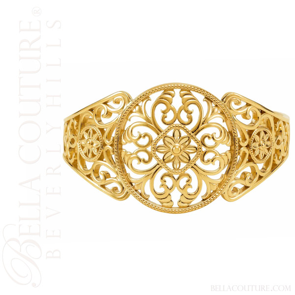 (NEW) BELLA COUTURE ITALIANA COUTURE® 14K Yellow Gold Scroll Cuff Bracelet (Adjustable) (NEW) BELLA COUTURE ITALIANA COUTURE® 14K Yellow Gold Scroll Cuff Bracelet (Adjustable)
