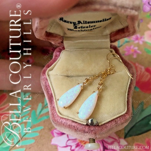 (NEW) BELLA COUTURE® 2" OPAL DREAMS Natural White Opal 14K Yellow Gold Teardrop Dangle Drop Earrings