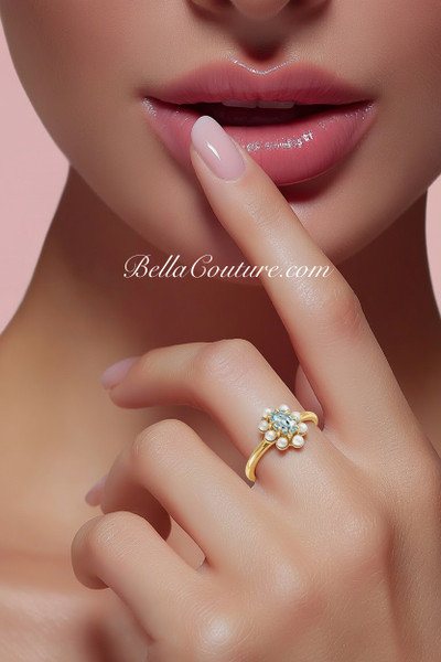 (NEW) BELLA COUTURE® ALEXANDRIA Oval Natural Aquamarine Pearl 14K Yellow Gold Ring Band
