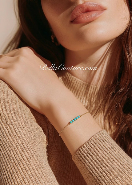 (NEW) BELLA COUTURE® JANE Pavé Sleeping Beauty Turquoise 14K Yellow Gold Chain Bracelet (6.5", 7", 7.5" inch)
