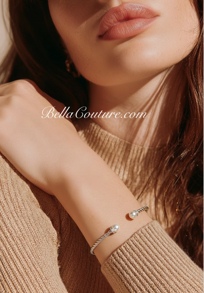 (NEW) BELLA COUTURE® BRIGITTE Twisted Cable 14K White Gold Bangle Bracelet (7", 6.5" Inches - Adjustable)