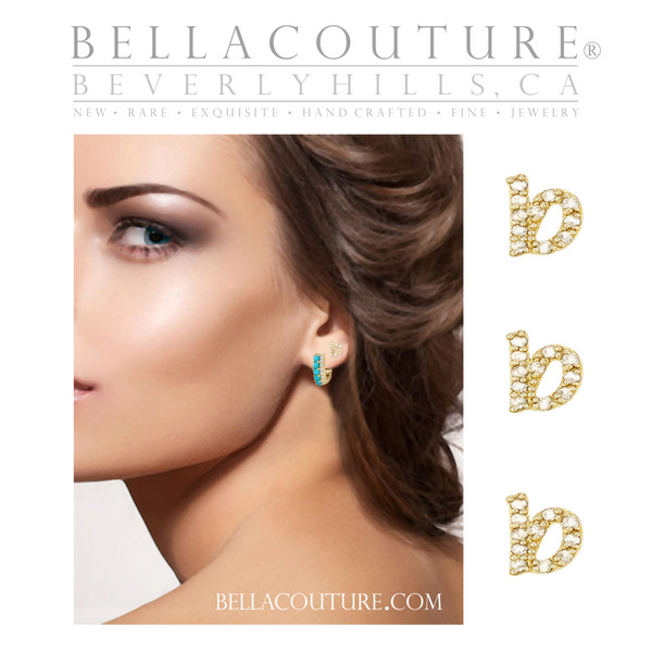 (NEW) BELLA COUTURE ® PALTROW Petite Initial Letter (e) Diamond 14K Yellow Gold Lowercase Italic Cursive Large Alphabet Stud Earring (1PC) (6.2MM)