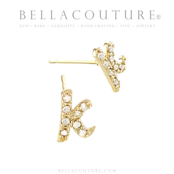 (NEW) BELLA COUTURE ® PALTROW Petite & Dainty Initial Letter (l) Diamond 14K Yellow Gold Lowercase Italic Cursive Large Alphabet Stud Earring (1PC) (8.8MM)