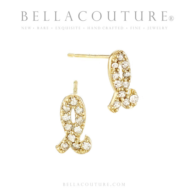 (NEW) BELLA COUTURE ® PALTROW Petite & Dainty Initial Letter (m) Diamond 14K Yellow Gold Lowercase Italic Cursive Large Alphabet Stud Earring (1PC) (6MM)