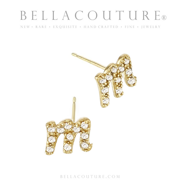 (NEW) BELLA COUTURE ® PALTROW Petite & Dainty Initial Letter (m) Diamond 14K Yellow Gold Lowercase Italic Cursive Large Alphabet Stud Earring (1PC) (6MM)
