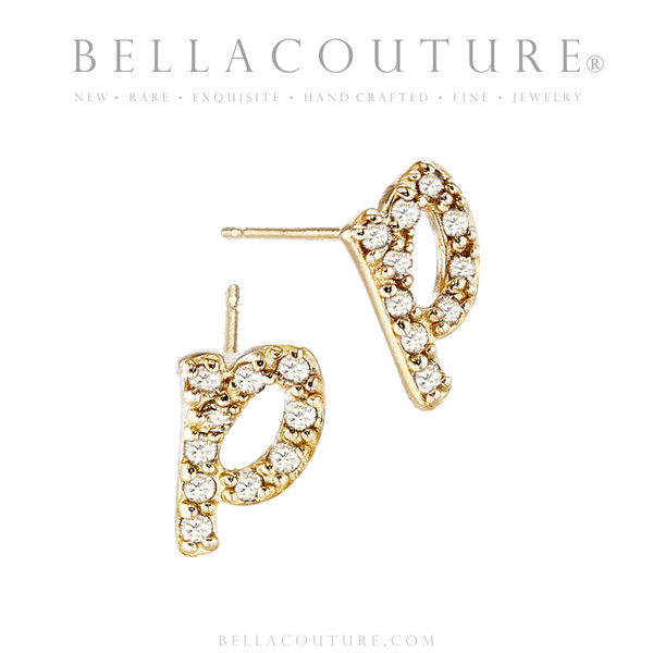 (NEW) BELLA COUTURE ® PALTROW Petite & Dainty Initial Letter (p) Diamond 14K Yellow Gold Lowercase Italic Cursive Large Alphabet Stud Earring (1PC) (8.5MM)