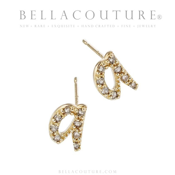 (NEW) BELLA COUTURE ® PALTROW Petite & Dainty Initial Letter (q) Diamond 14K Yellow Gold Lowercase Italic Cursive Large Alphabet Stud Earring (1PC) (8MM)