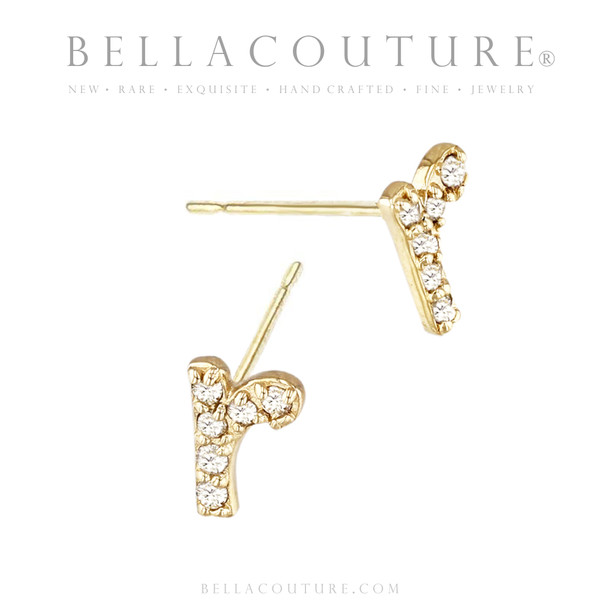 (NEW) BELLA COUTURE ® PALTROW Petite & Dainty Initial Letter (r) Diamond 14K Yellow Gold Lowercase Italic Cursive Large Alphabet Stud Earring (1PC) (6.8MM)