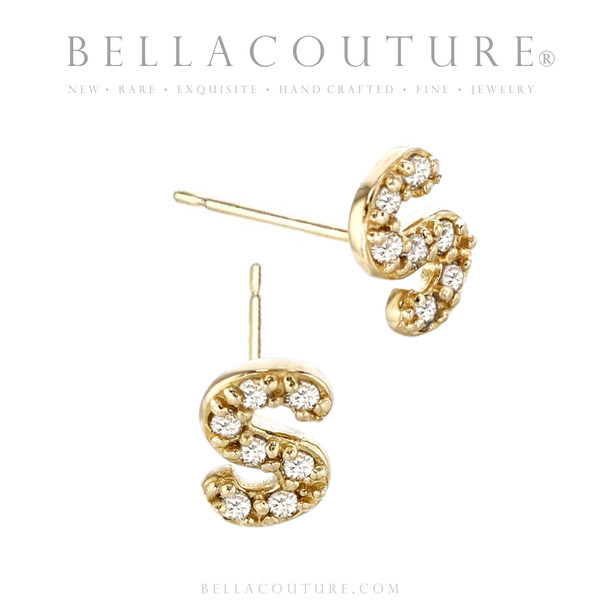 (NEW) BELLA COUTURE ® PALTROW Petite & Dainty Initial Letter (s) Diamond 14K Yellow Gold Lowercase Italic Cursive Large Alphabet Stud Earring (1PC) (6.6MM)