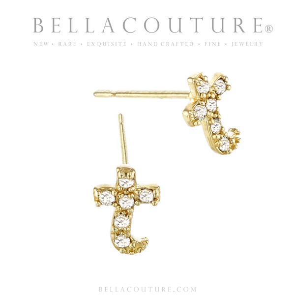(NEW) BELLA COUTURE ® PALTROW Petite & Dainty Initial Letter (t) Diamond 14K Yellow Gold Lowercase Italic Cursive Large Alphabet Stud Earring (1PC) (7.6MM)