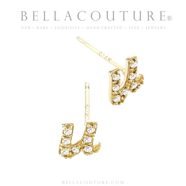 (NEW) BELLA COUTURE ® PALTROW Petite & Dainty Initial Letter (u) Diamond 14K Yellow Gold Lowercase Italic Cursive Large Alphabet Stud Earring (1PC) (6MM)