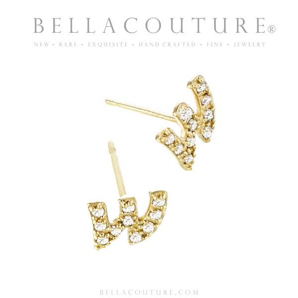 (NEW) BELLA COUTURE ® PALTROW Petite & Dainty Initial Letter (w) Diamond 14K Yellow Gold Lowercase Italic Cursive Large Alphabet Stud Earring (1PC) (6MM)
