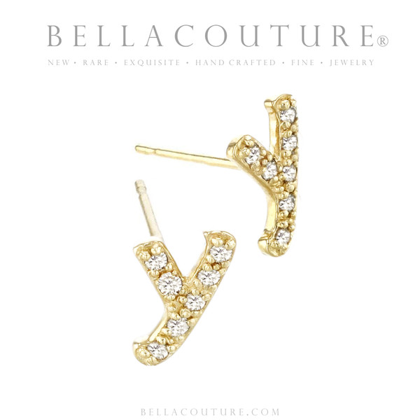 (NEW) BELLA COUTURE ® PALTROW Petite & Dainty Initial Letter (y) Diamond 14K Yellow Gold Lowercase Italic Cursive Large Alphabet Stud Earring (1PC) (8.9MM)