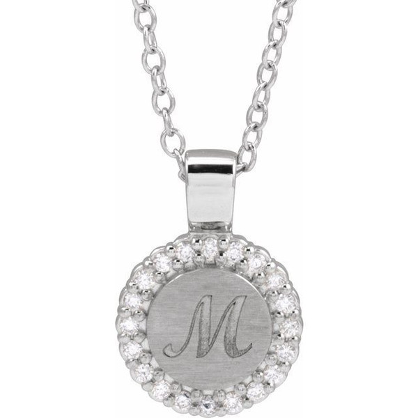 (NEW) BELLA COUTURE® CHARLIZE 14K White Gold 1/6 CTW Natural Diamond Round Tag Charm Pendant (18"-16" Adjustable) (Personalize & Engravable)