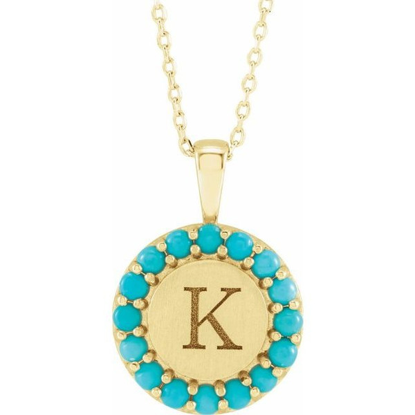 (NEW) BELLA COUTURE® Kendal 14K Yellow Gold Natural Sleeping Beauty Blue Turquoise Round Tag Charm Pendant (18"-16" Adjustable)(Personalize & Engravable)