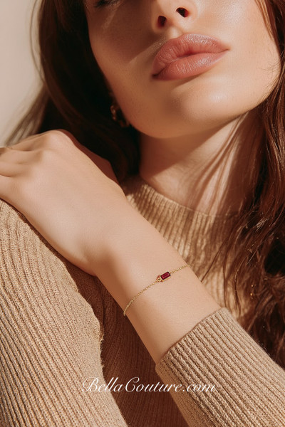 (NEW) BELLA COUTURE® EDEN EMERALD CUT NATURAL RUBY 5MM 14K YELLOW GOLD BRACELET (7.5" - 7" - 6.5" Adjustable)