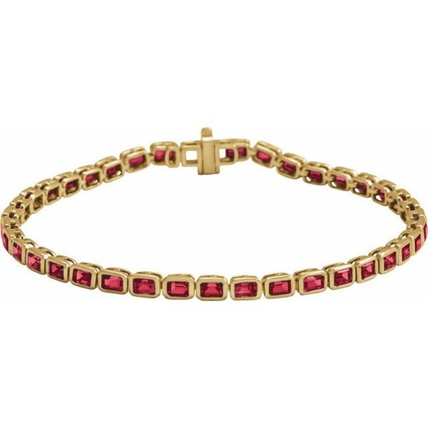 (NEW) BELLA COUTURE® ASHLEY 5CT RUBY BAGUETTE 14K YELLOW GOLD LINE TENNIS BRACELET (7")