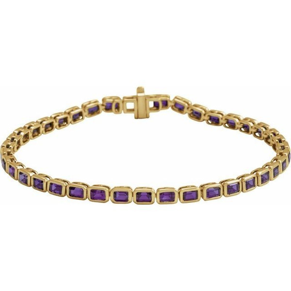(NEW) BELLA COUTURE® ASHLEY 5CT AMETHYST BAGUETTE 14K YELLOW GOLD LINE TENNIS BRACELET (7")