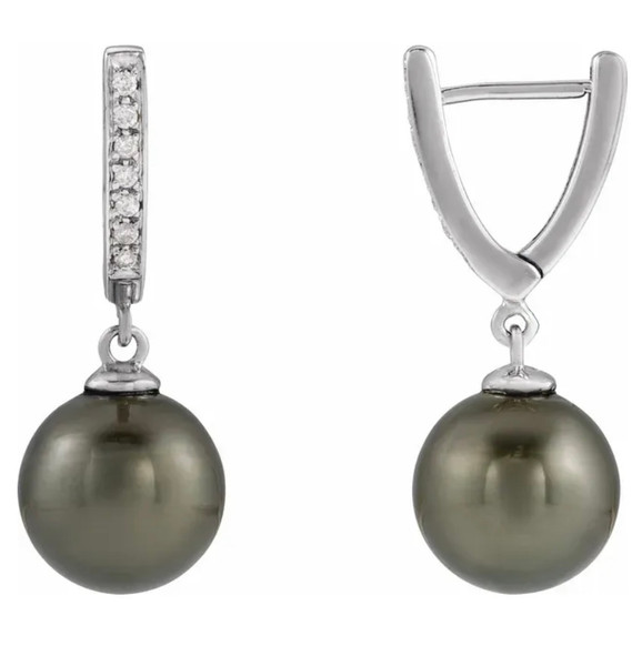 (NEW) BELLA COUTURE® BLAIRE GRAY TAHITIAN PEARL DIAMOND 14K WHITE GOLD HUGGIE EARRINGS (11MM)