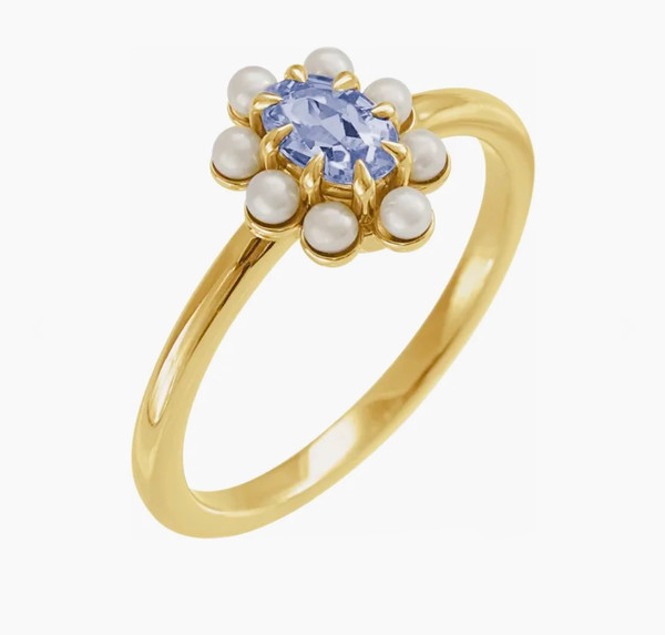 (NEW) BELLA COUTURE® ALEXANDRIA Oval Natural Tanzanite Pearl 14K Yellow Gold Ring Band