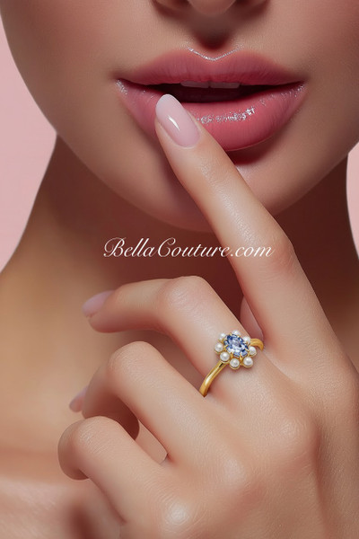 (NEW) BELLA COUTURE® ALEXANDRIA Oval Natural Tanzanite Pearl 14K Yellow Gold Ring Band