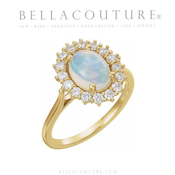 (NEW) BELLA COUTURE PICASSO Natural Opal Cabochon Diamond 14K Yellow Gold Ring