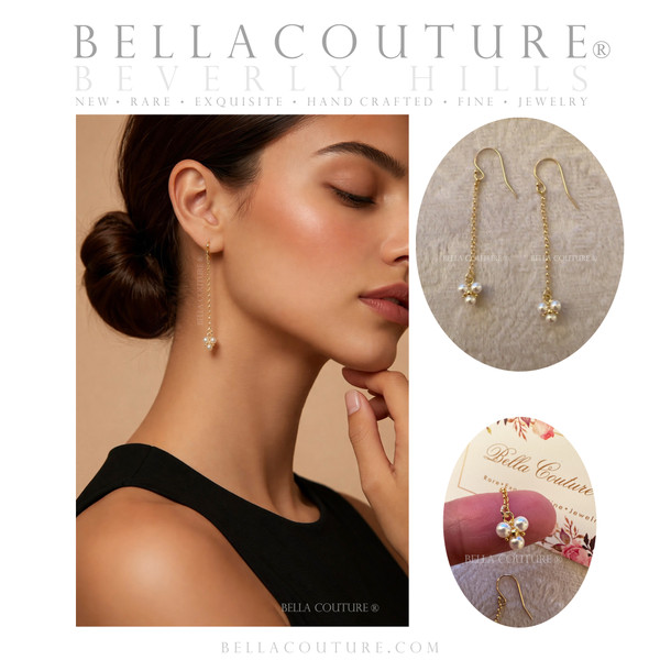 (NEW) BELLA COUTURE® CASHMERE DAINTY WHITE SEED PEARL 14K YELLOW GOLD DANGLE DROP POST CHANDELIER EARRINGS (2")