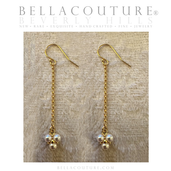 (NEW) BELLA COUTURE® CASHMERE DAINTY WHITE SEED PEARL 14K YELLOW GOLD DANGLE DROP POST CHANDELIER EARRINGS (2")
