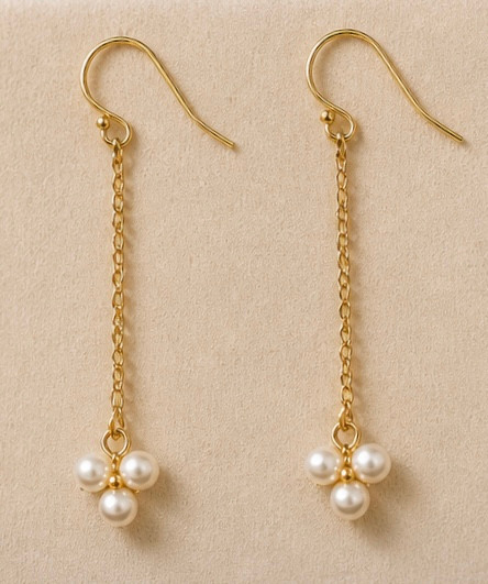 (NEW) BELLA COUTURE® CASHMERE DAINTY WHITE SEED PEARL 14K YELLOW GOLD DANGLE DROP POST CHANDELIER EARRINGS (2")